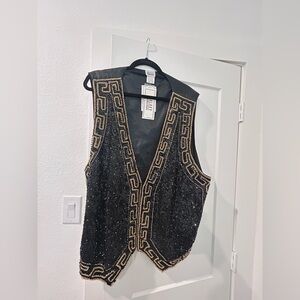 Black Sequin Beaded Vest with Gold Trim